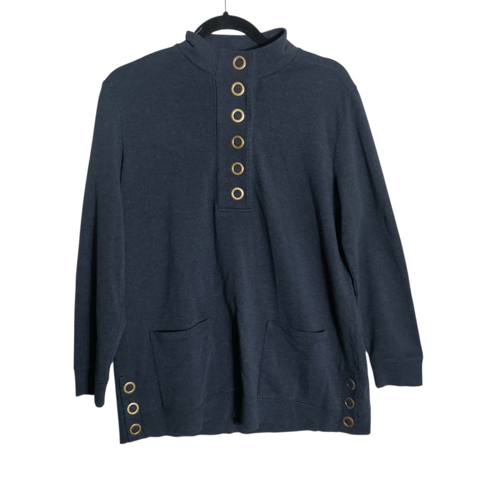 Soft‎ Surroundings Navy Blue Grommet Mock Neck Pullover Top PM 3EQ97
